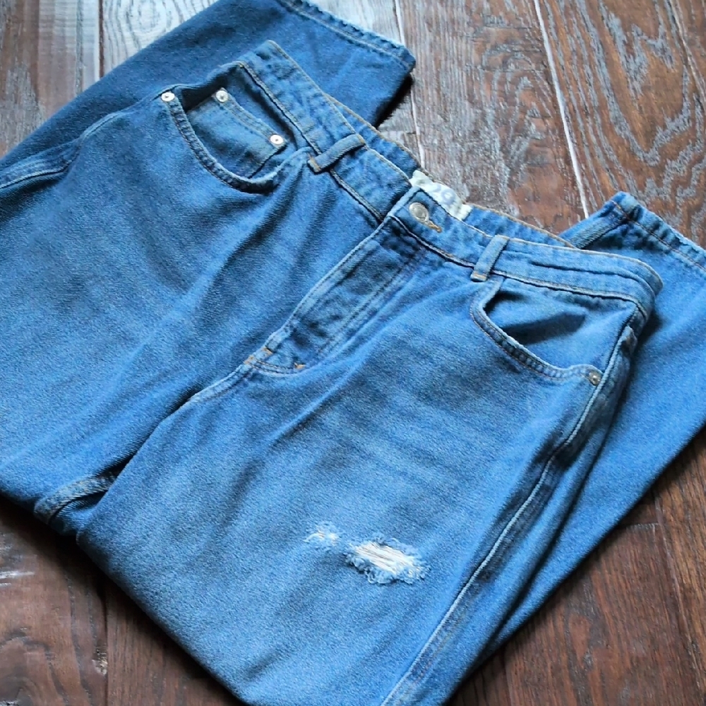 WE THE FREE I High Rise Distressed Button-Fly Cropped Denim Blue Jeans, 29